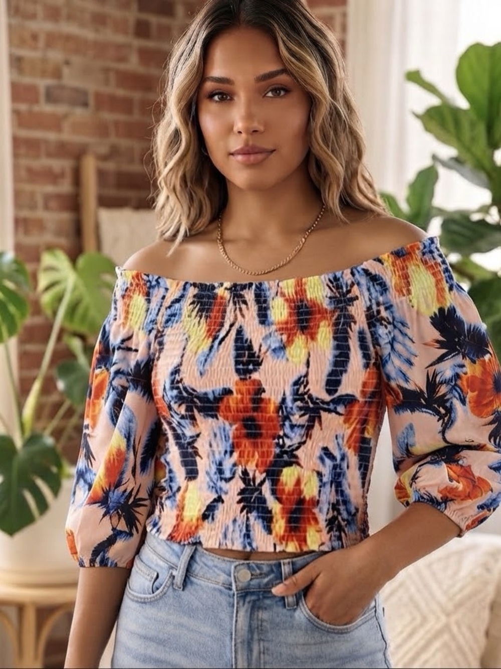 Floral Off-Shoulder Smocked Women’s Top in Peach and Blue